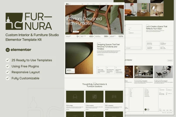 Furnora Elementor template kit preview for an interior and furniture studio website
