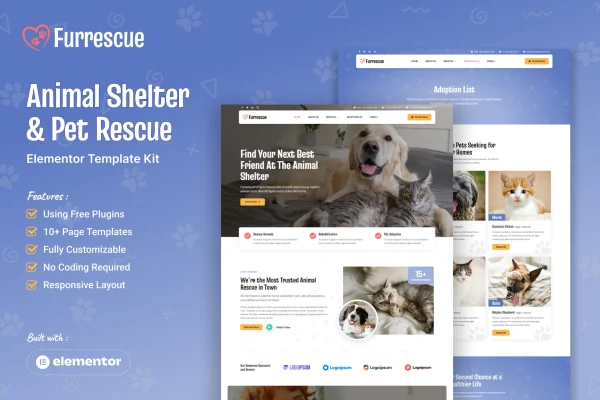 Furrescue animal shelter and pet rescue Elementor template kit preview