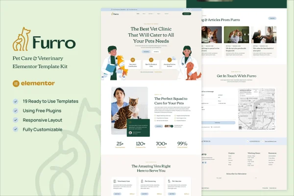 Furro pet care and veterinary Elementor template kit cover with page layout previews