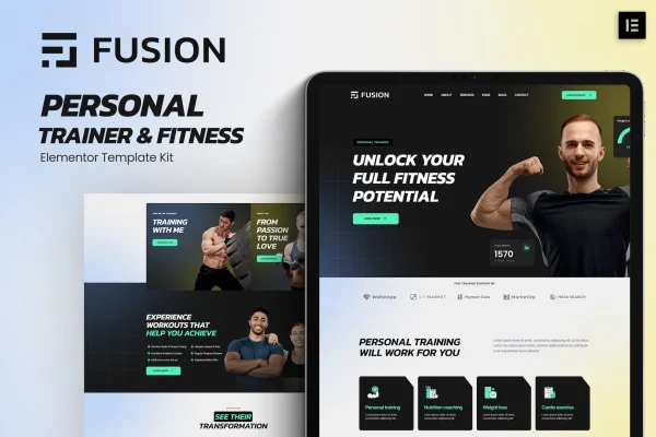 Fusion personal trainer and fitness Elementor template kit preview