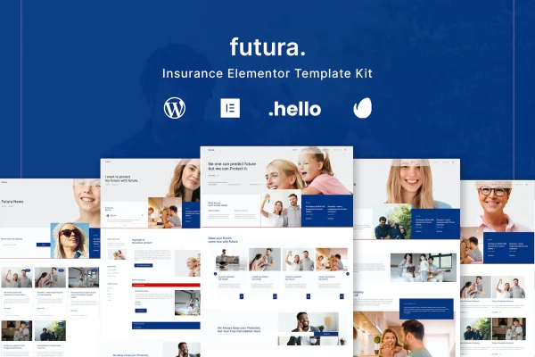Futura insurance Elementor template kit preview showing website page layouts