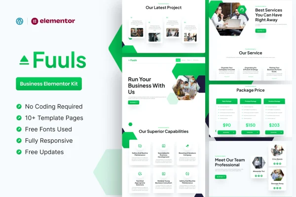 Fuuls business Elementor Pro template kit preview showing website page layouts