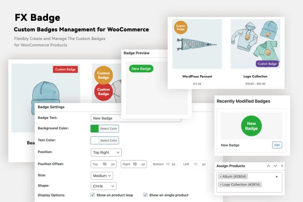 FX Badge for WooCommerce plugin banner showing custom product badges