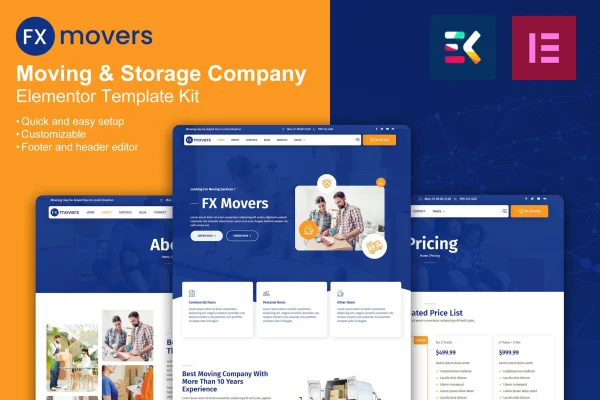 FX Movers moving and storage company Elementor template kit preview