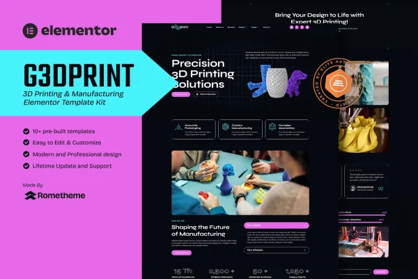 G3DPrint 3D printing and manufacturing Elementor template kit preview