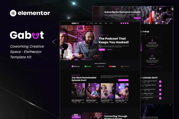 Gabut podcaster Elementor template kit preview showing podcast website page layouts