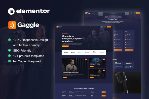 Gaggle comedian and entertainment show Elementor Pro template kit preview