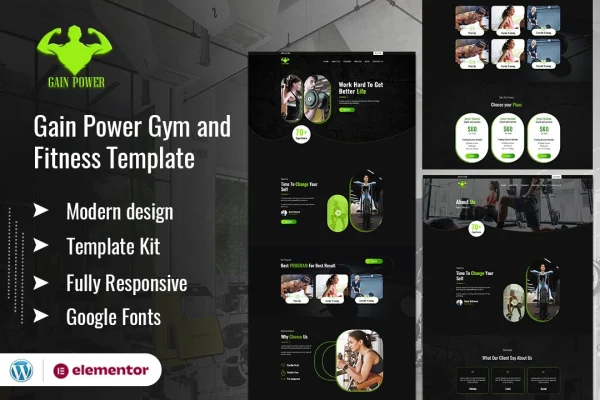 GAIN POWER gym and fitness Elementor template kit preview