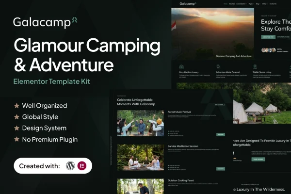 Galacamp glamping and adventure Elementor template kit preview