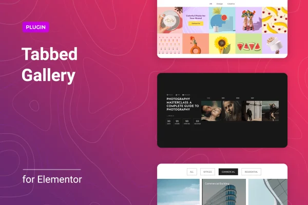 Galerie for Elementor plugin banner showing a tabbed image gallery layout