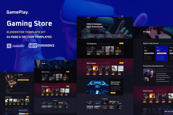 GamePlay video game store Elementor template kit preview