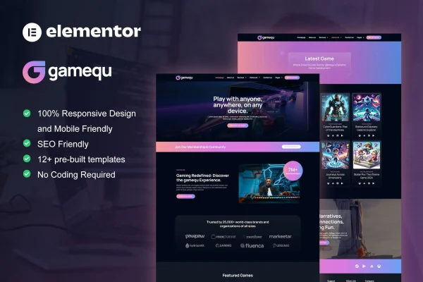 Gamequ game publisher Elementor template kit cover showing gaming website page layouts