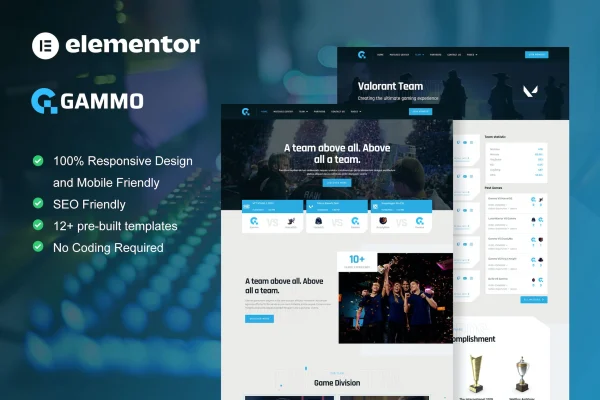 Gammo esports team and gaming Elementor template kit preview