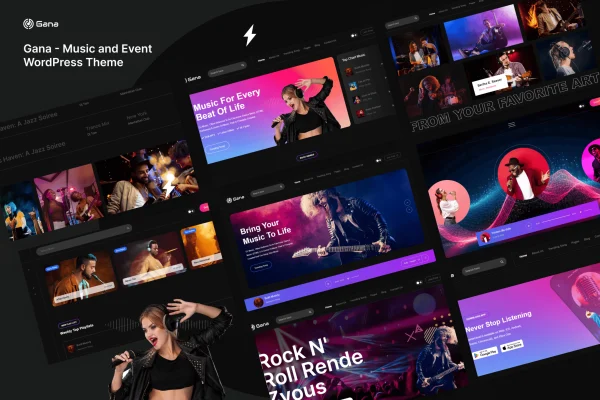Gana Theme music and event WordPress theme preview with homepage layout