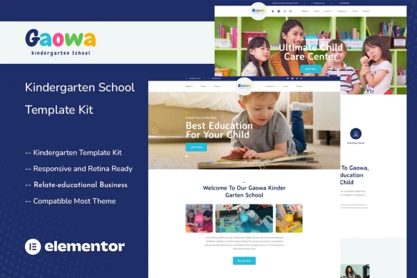 Gaowa kindergarten school Elementor template kit preview with colorful page layouts