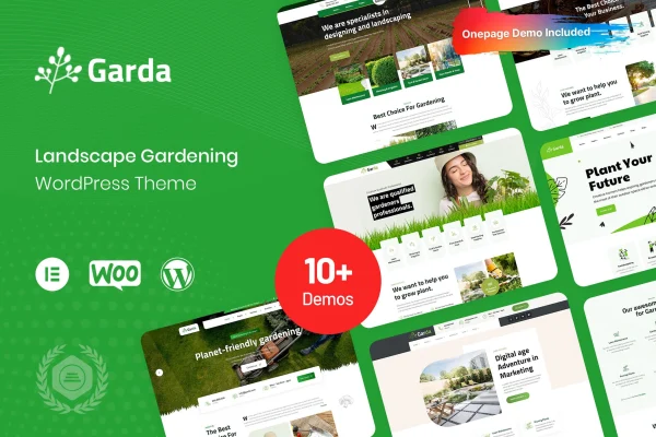 Garda gardening WordPress theme preview with garden and landscaping page layouts