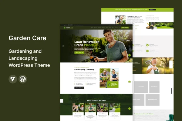 Garden Care gardening WordPress theme preview with garden service layouts