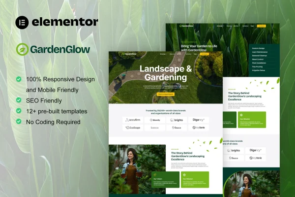 GardenGlow gardening and landscape Elementor Pro template kit preview