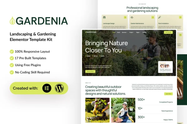 Gardenia landscaping and gardening Elementor template kit cover image