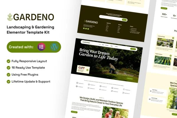 Gardeno landscaping and gardening Elementor template kit preview