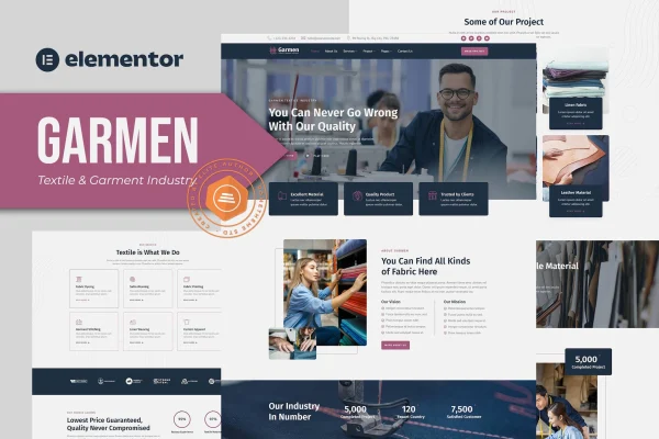 Garmen textile and garment industry Elementor template kit preview