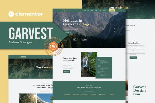 Garvest nature cottages Elementor template kit preview with green-accented page layouts