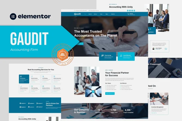 Gaudit accounting firm Elementor template kit page previews