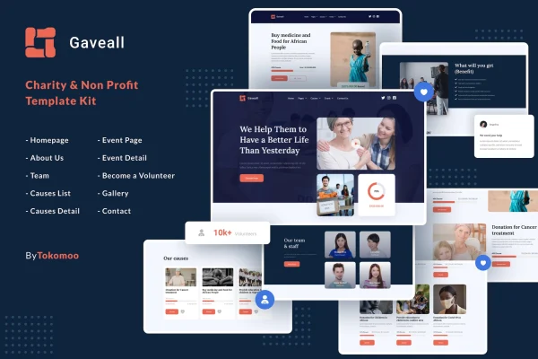 Gaveall charity Elementor template kit preview showing nonprofit website pages