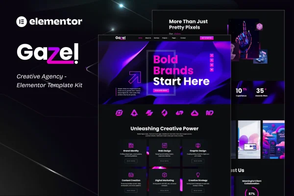 Gazel creative agency Elementor template kit cover showing page designs