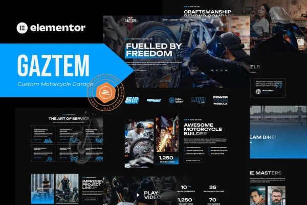 Gaztem custom motorcycle garage Elementor template kit preview