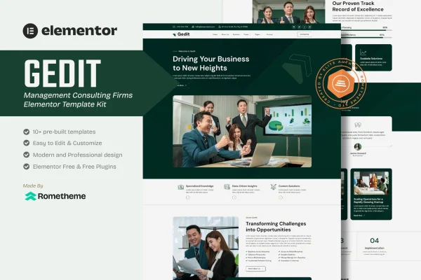 Gedit Elementor template kit preview for management consulting firms