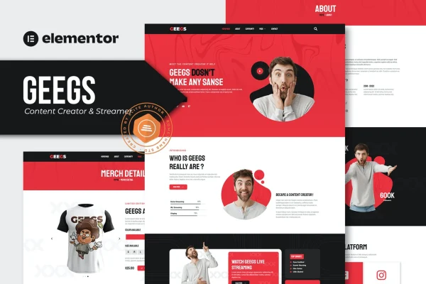 Geegs content creator and streamer Elementor template kit preview