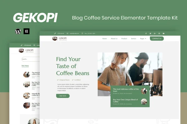 Gekopi coffee shop blog Elementor template kit preview