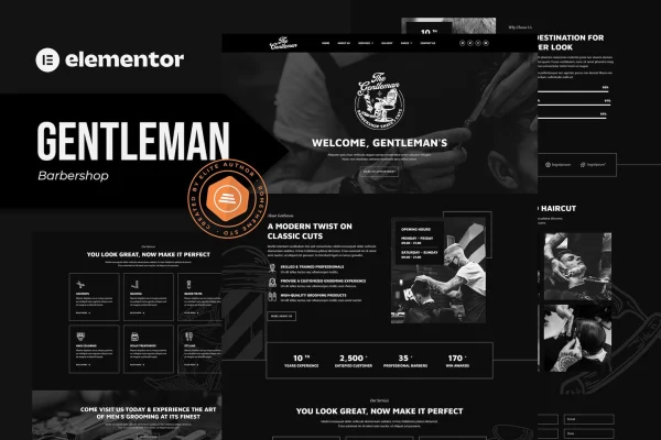 Gentleman barbershop and hair studio Elementor template kit preview