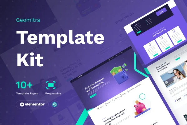 Geomitra financial Elementor Pro template kit preview with page designs