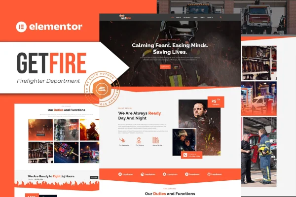 Getfire firefighter department Elementor template kit preview