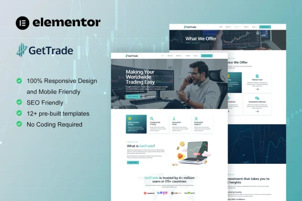 GetTrade trading and investment Elementor template kit preview