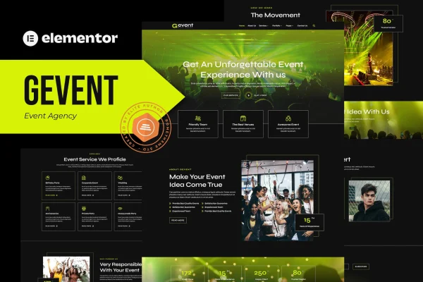 Gevent event agency Elementor template kit preview