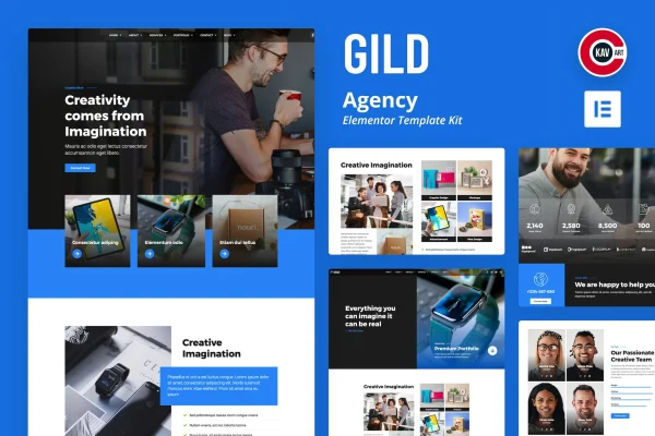 Gild agency Elementor template kit cover showing page layouts