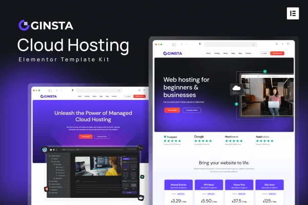 Ginsta cloud hosting Elementor template kit preview showing homepage and hosting page layouts
