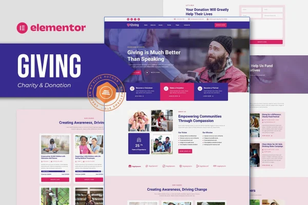 Giving charity and donation Elementor template kit preview