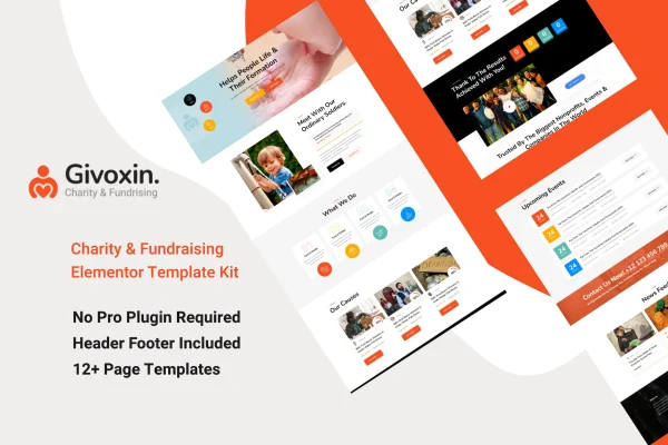 Givoxin charity Elementor template kit preview with nonprofit website pages