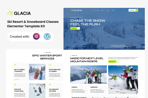 Glacia ski resort and snowboard classes Elementor template kit preview with mountain imagery