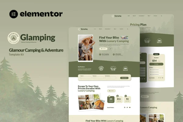 Glamping Elementor template kit preview for a glamour camping and adventure website