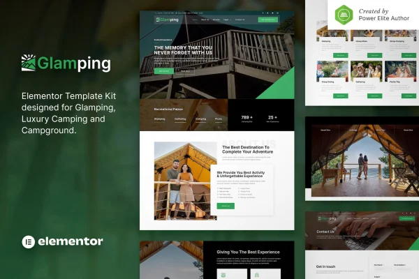 Glamping luxury camping and campground Elementor template kit preview