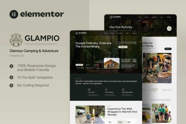 Glampio Elementor template kit preview with glamping and outdoor adventure page layouts