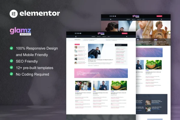 Glamz news and magazine Elementor template kit preview
