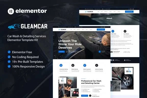 Gleamcar car wash and detailing Elementor template kit preview