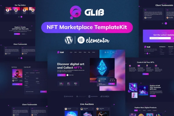 Glib NFT Marketplace Elementor Pro template kit preview with digital art layouts