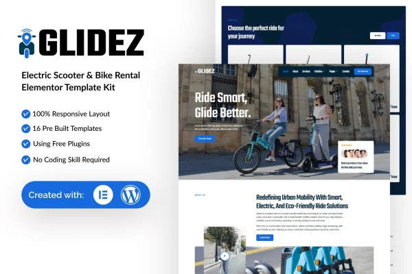 Glidez electric scooter and bike rental Elementor template kit preview